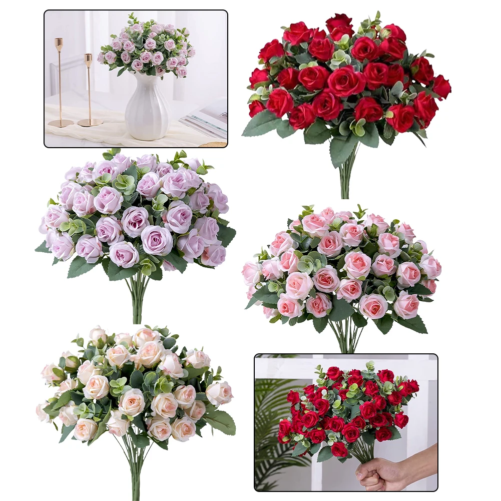 

4pcs Heads Artificial Flower Silk Rose White-Eucalyptus Leaves Peony Bouquet Fake Flower For Wedding Table Party Vase Home Decor