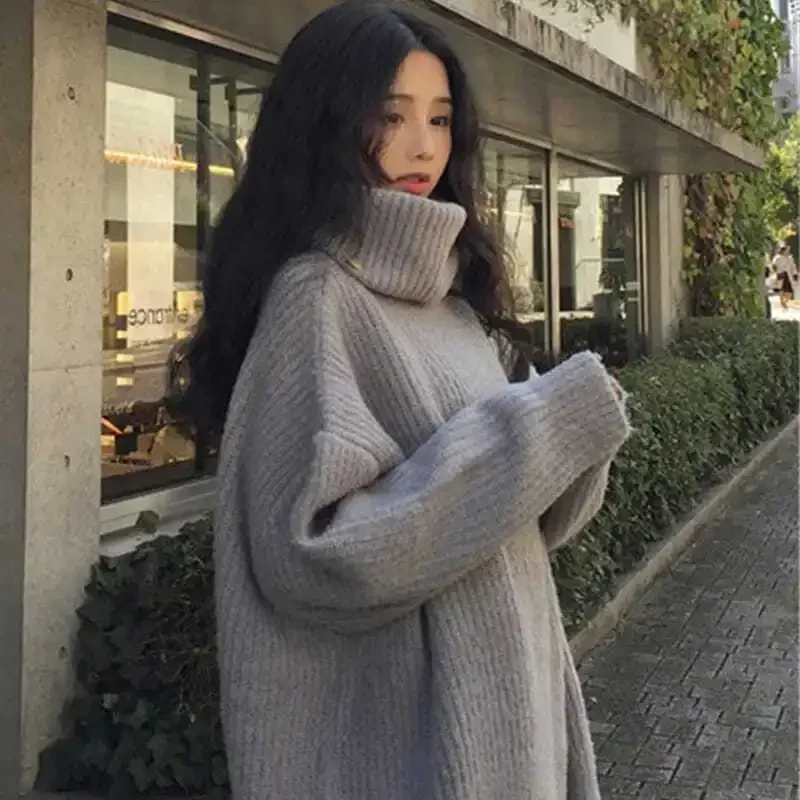 2024 Winter Women Long Sleeve Knit Sweaters Vintage Turtleneck Loose Jumper Female Oversize Elegant Pullovers Orange Tops D166