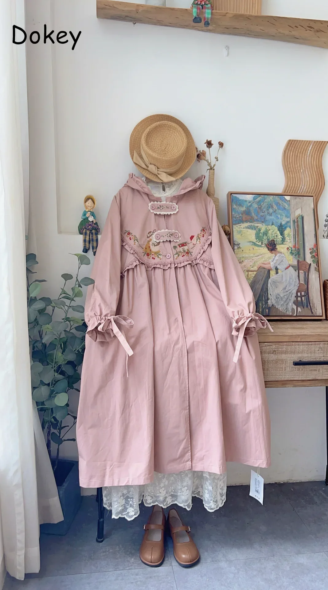 Trench con cappuccio ricamo Vintage donna giapponese Mori Girl Kawaii giacche a vento donna autunno arruffato capispalla allentata