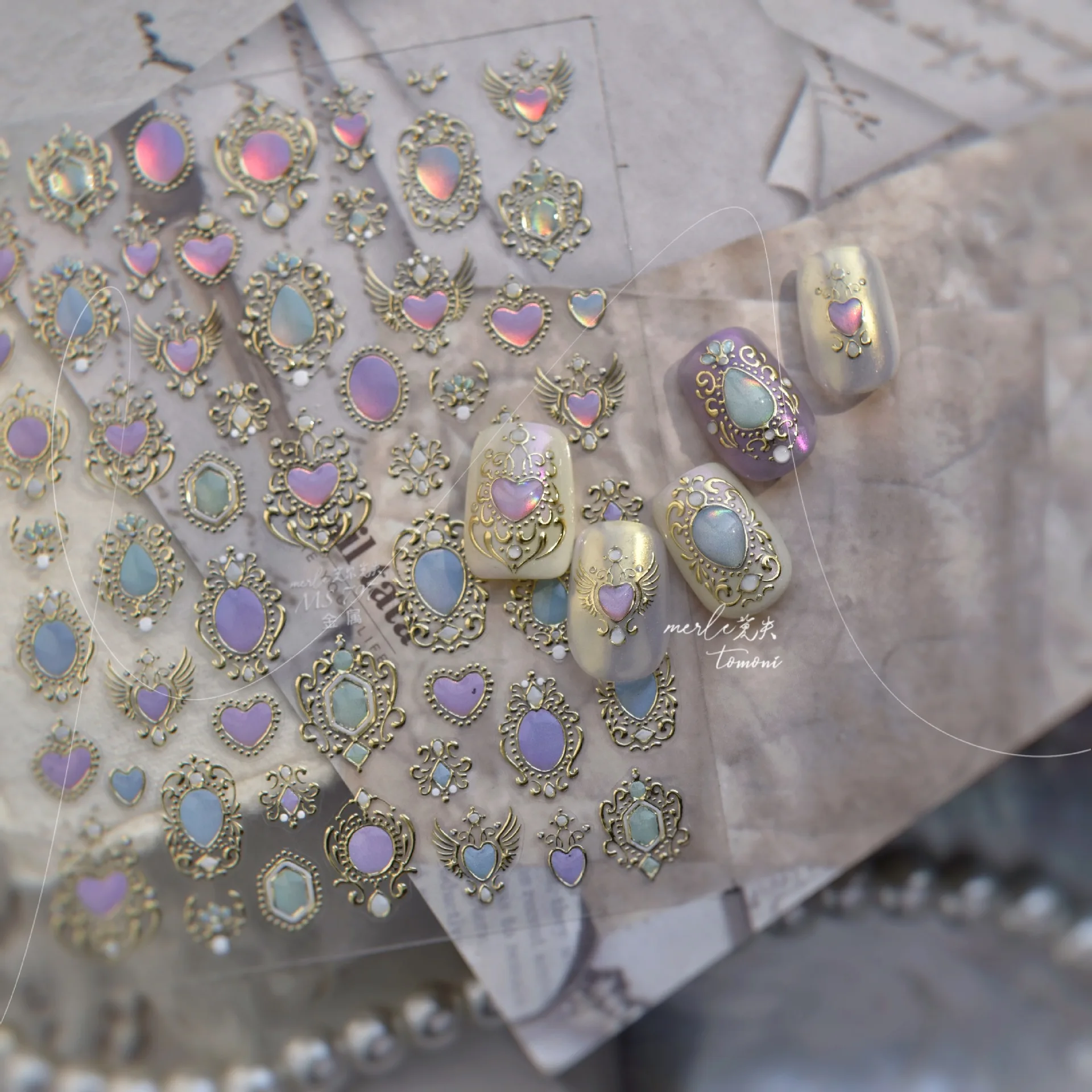 Autocollants pour ongles dorure œil de chat, dégradé 3D, pierres précieuses en forme de cœur européen, aile en cristal, décoration pour Nail Art, décalcomanies de manucure, DIY bricolage