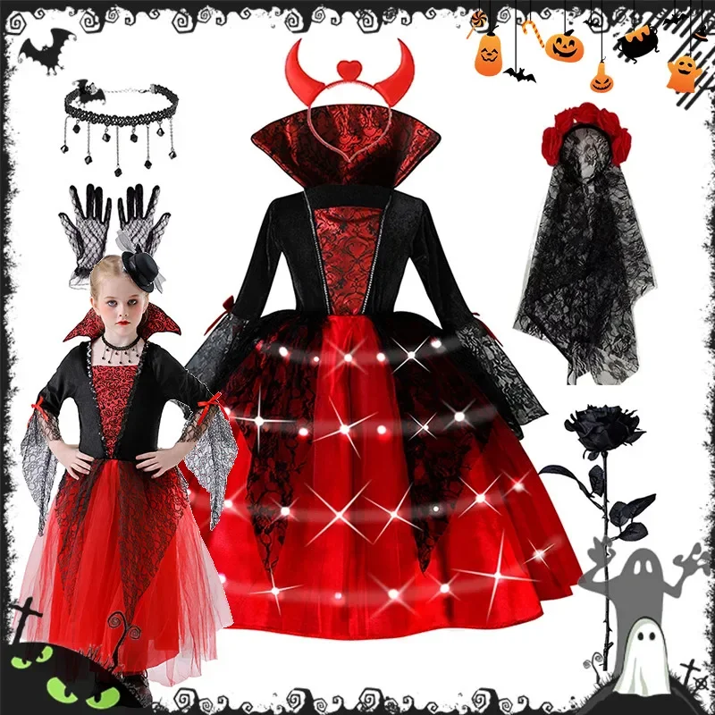 Girls Black‑Red Devil Vampire Long Sleeve Dress Kids Cosplay Costume with Pumpkin Candy Bag for Halloween Holiday Party