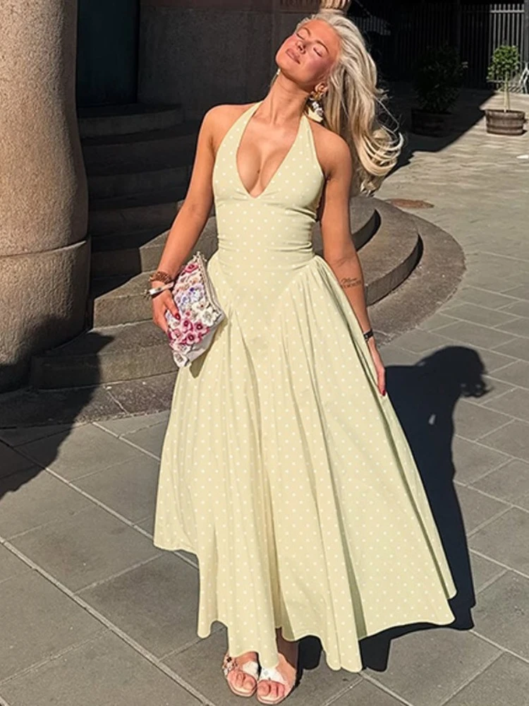

FDYOUI Chic Halter Polka Dot Vacation Dresses for Woman 2026 Summer Lace-up Backless High Waist Tunics Ruched A-line Party Dress