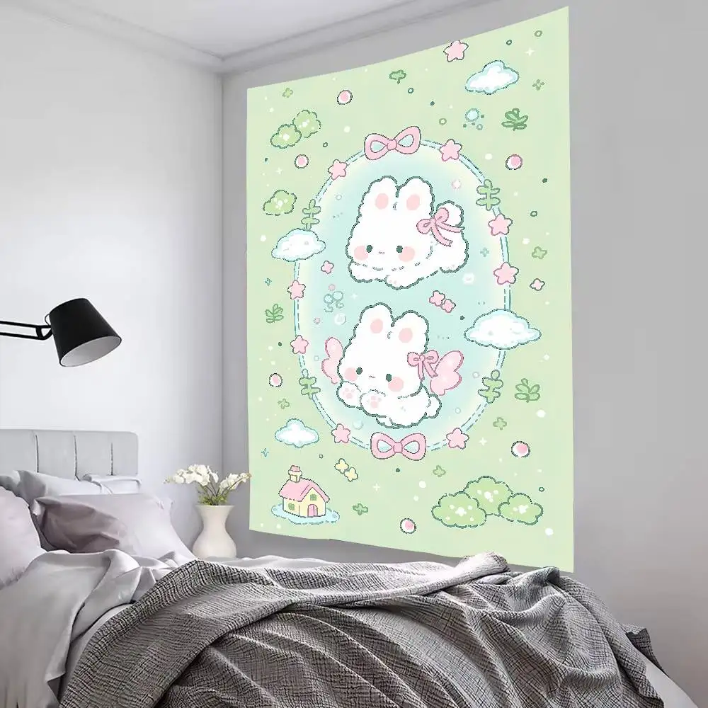 Cute White Bunny Tapestry Kawaii Rabbit with Bow Cloud Star Green Background Wall Hanging Cloth for Girls Bedroom Room Decor