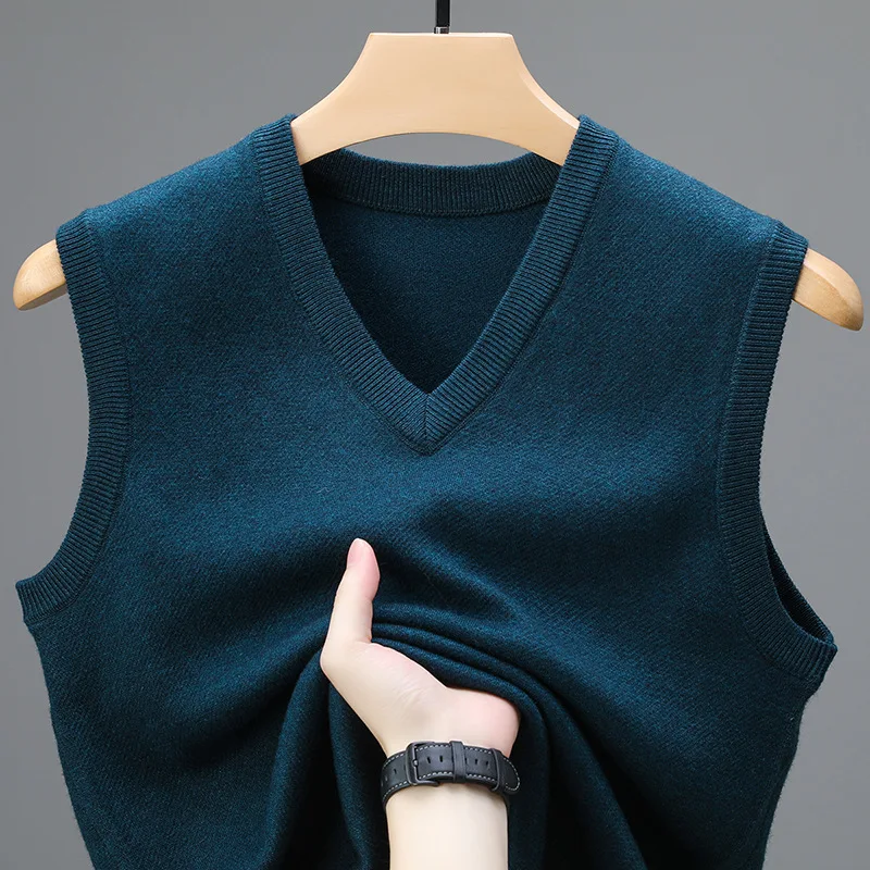 KIDWHXR Men Knitted Vest Autumn Slim Soid V-neck Sleeveless Male Sweater Pullovers Business Casual Comfortable Man Waistcoat view 5
