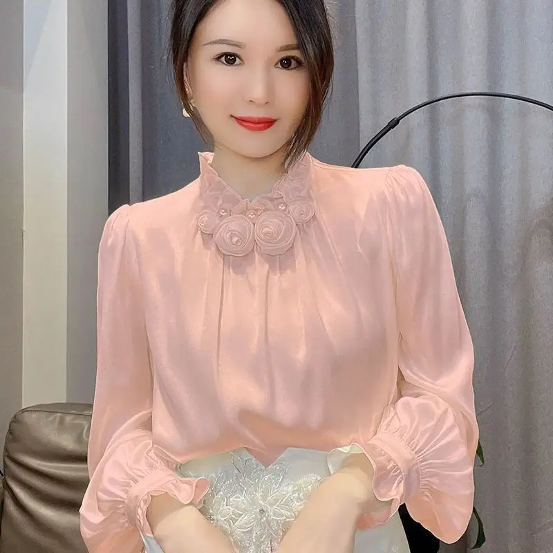 

Elegant Ruffles Folds Beading Lantern Sleeve Blouse Female Clothing 2023 Spring Autumn New Casual Tops Office Lady Shirt