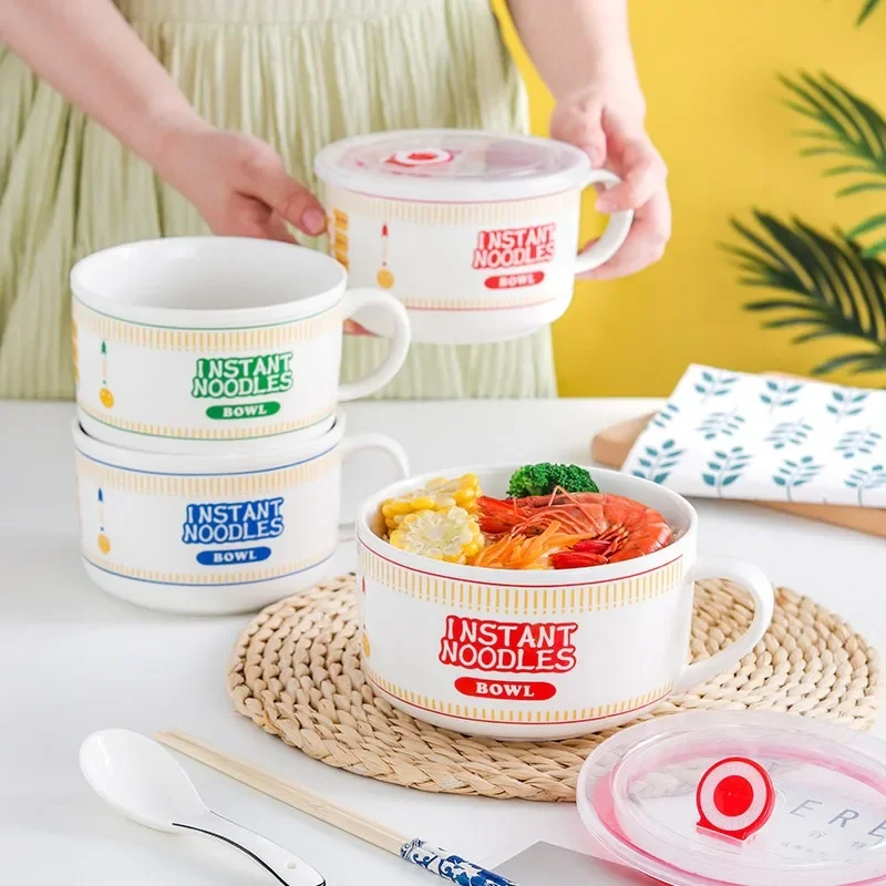 Fast Food Ramen Bowl Ceramics Korean Instant Noodle Bowl with Lid Fruit Salad Rice Soup Bowl Home Tableware Kitchen Accessorie