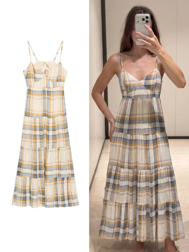 HH Women Summer Elegant Plaid Print Tiered Maxi Dress Spaghetti Strap V Neck Slim Fit For Dinner Date Party Vacation Wear