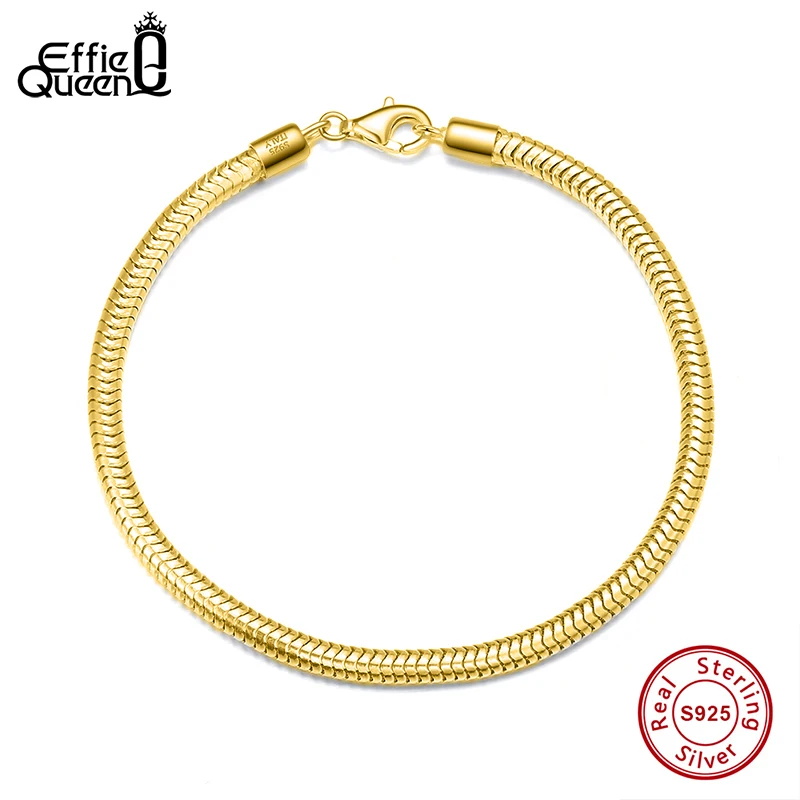 EFFIE QUEEN 925 Sterling Silver Round Snake Chain Bracelet 3mm Width DIY Charm Party Gift Fashion Jewelry Wholesale Unisex SB100