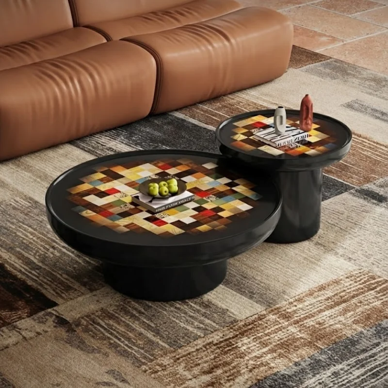 

Medieval style high-gloss fiberglass base side table black dark paint color coffee table