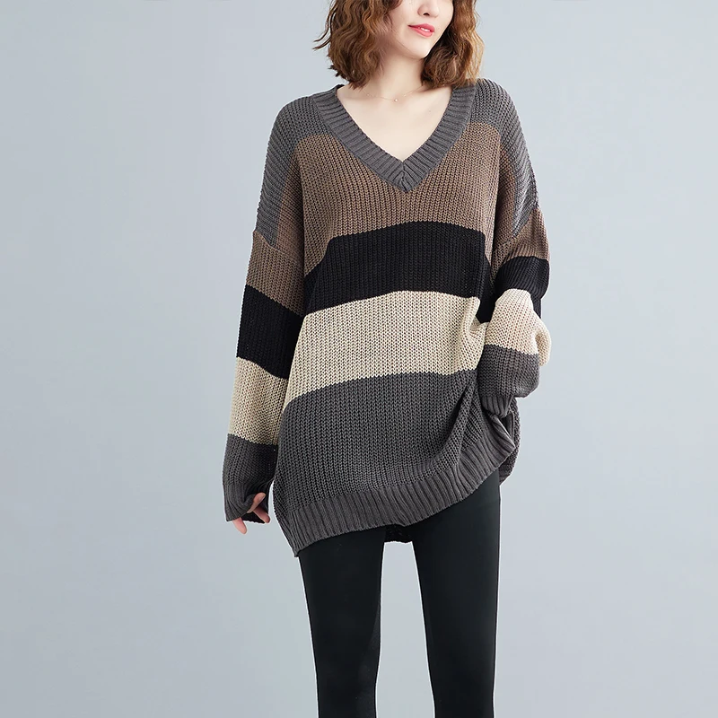 

Korean Lazy Sle Women's Sweater Spring Autumn Striped Splicing V-ne Long Sve T-irt plus Size Knitted Sweater