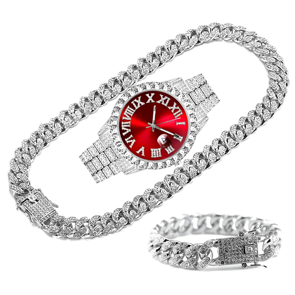 Red Green Dial Full Iced Out Watches For Men Golden Cuban Link Chain Bracelet Necklace Chokers Club Rap Bling Jewelry set Gifts