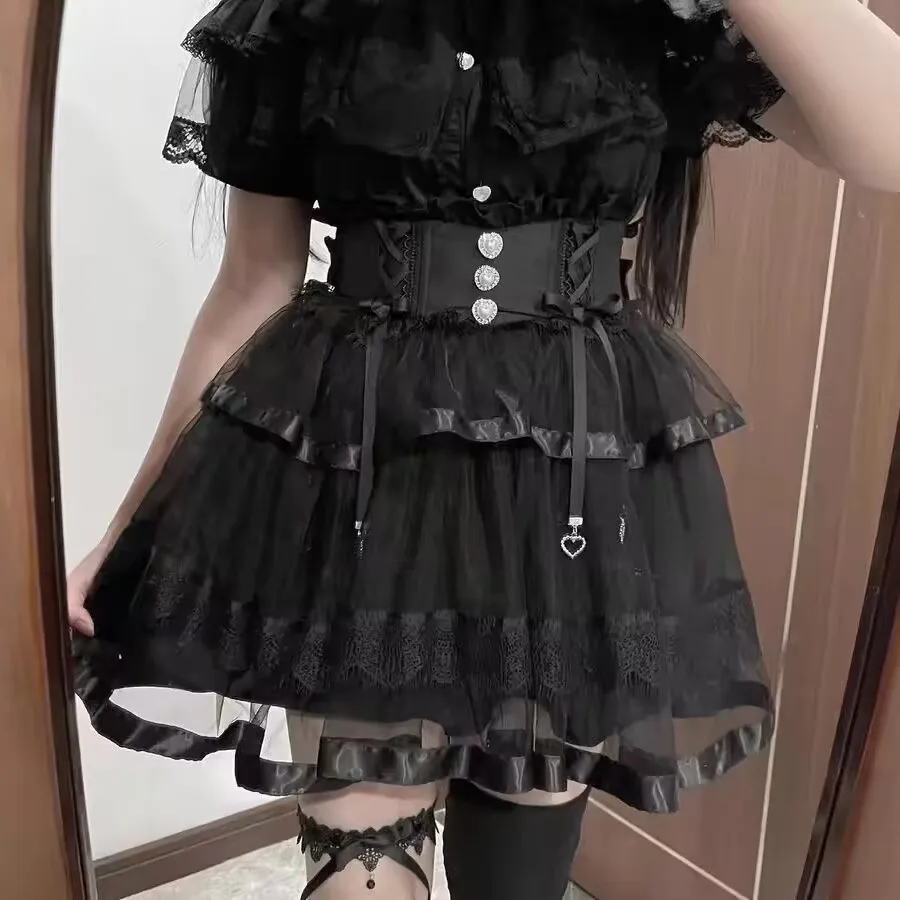 Japanese Gothic Style Rhinestone Lolita Mini Skirt Women Punk Slim Bandage Cake Skirt Kawaii Girls Mesh Y2k Skirts Faldas Mujer