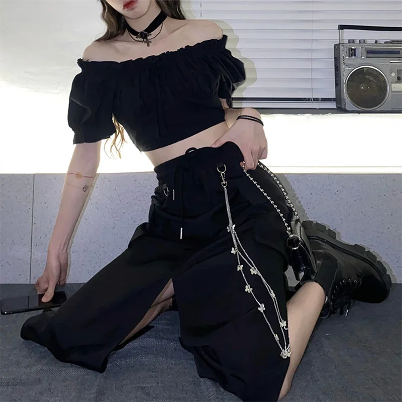 New Summer Fashion Black Skirt Women Korean Casual Streetwear Skirts with Chain Big Pocket Cargo Skirt Female for XS-2XL