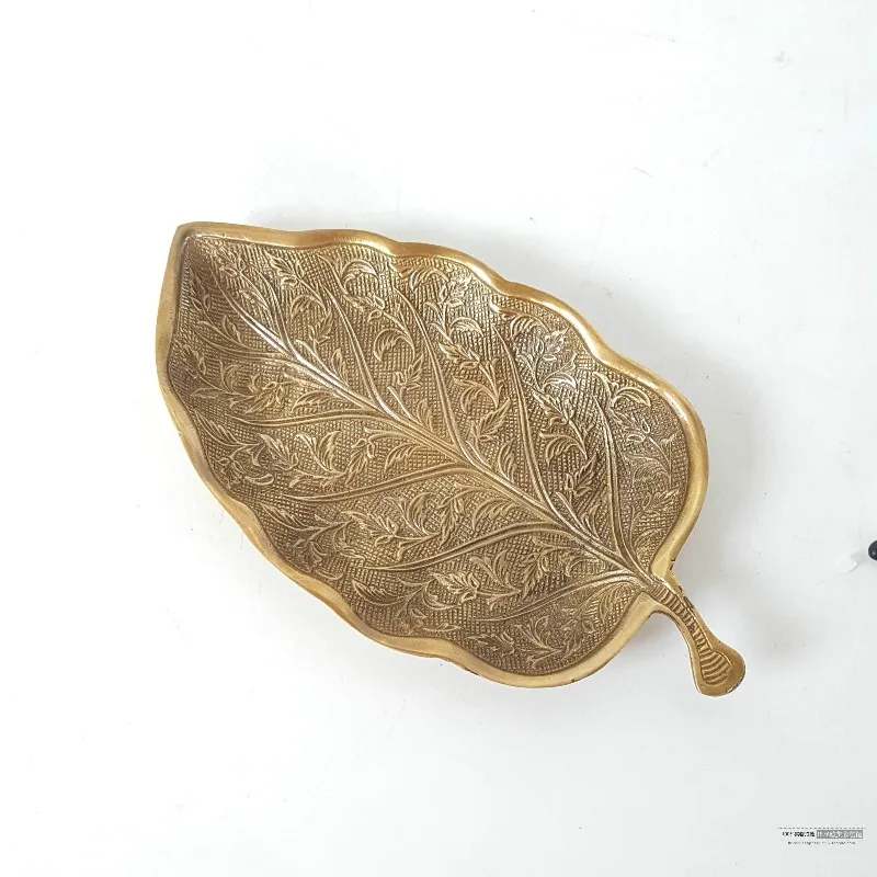 Brass Catchall Tray, Handmade Antique Indian Import, Leaf Shape Nut Dish, European American Style Entryway Key Holder Ornament