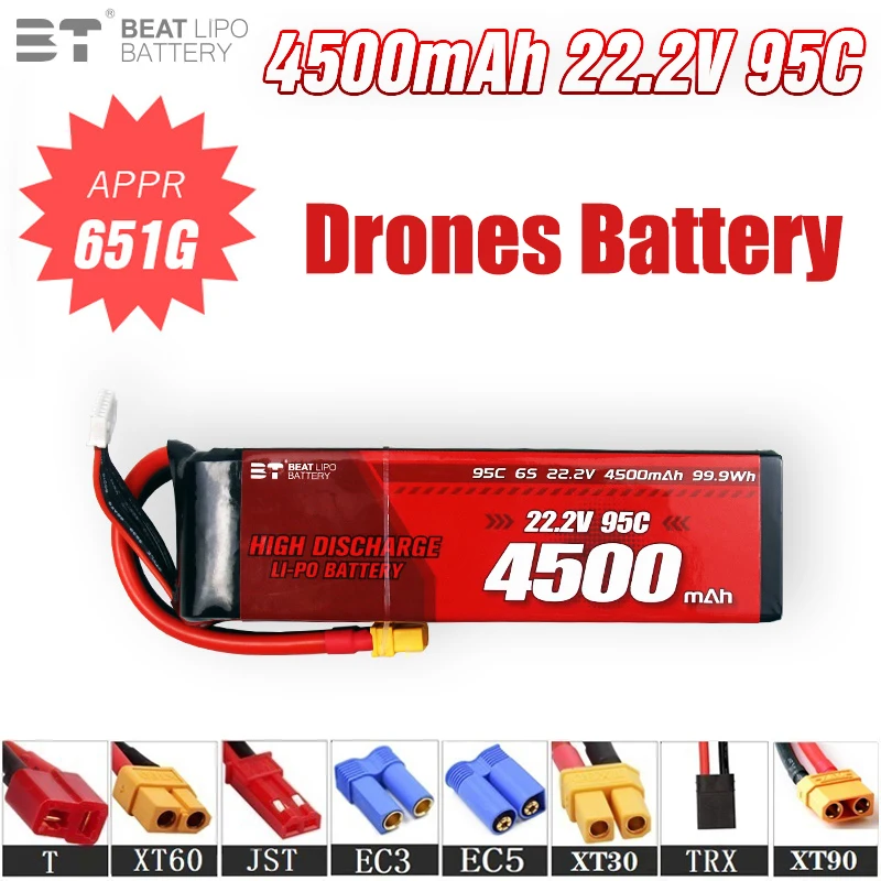 

Upgrade 6s 22.2V 4500mAh 95C LiPo Battery For RC Helicopter Quadcopter FPV Racing Drone Parts 22.2v Drones Battery