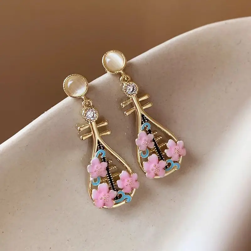 Retro Chinese Traditional Musical Instrument Earrings for Women Lute Shaped Pink Sakura Inlay Zircon Light Luxury Jewelry Gift