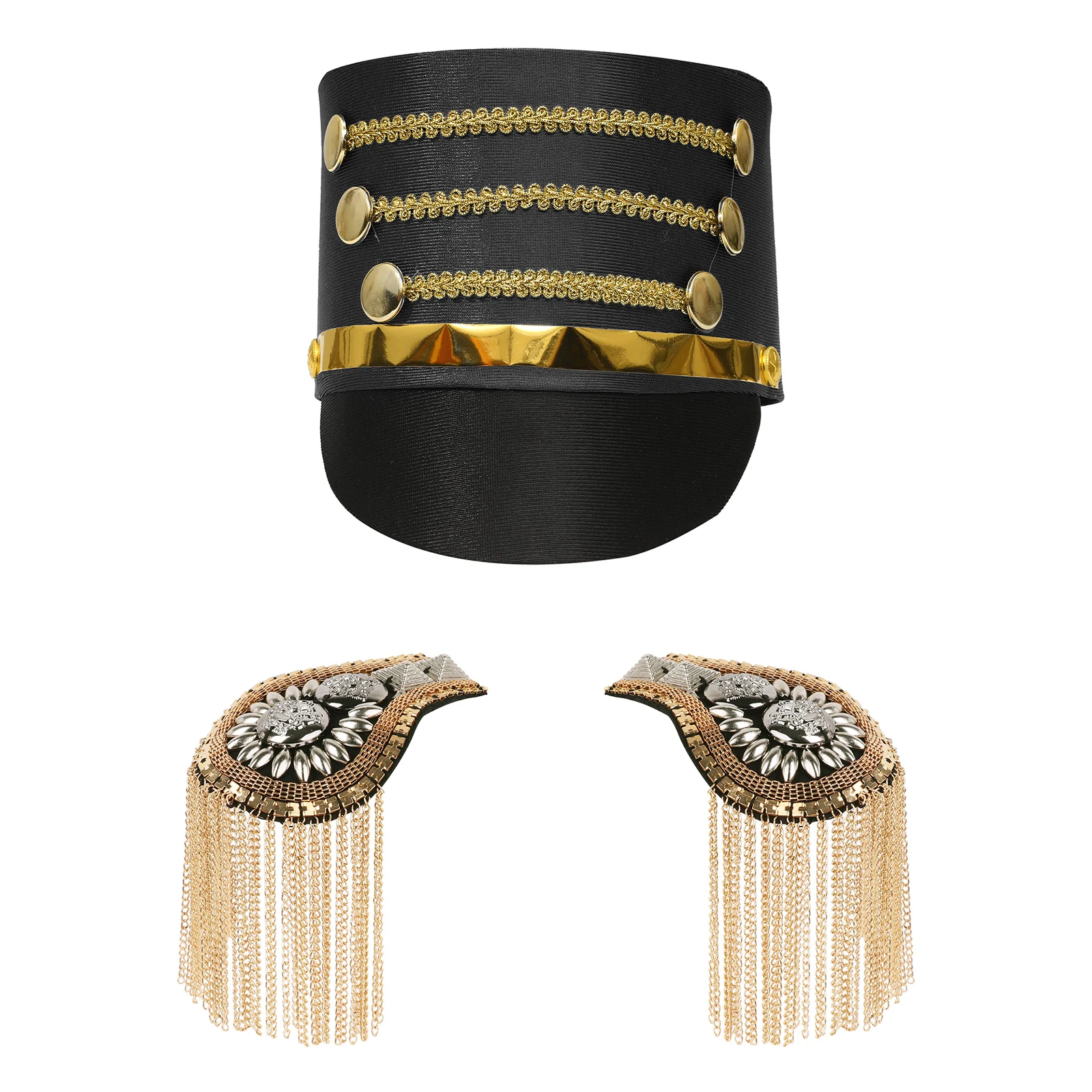 Red Top Hat Stage Performance Cosplay Hats Drum Team Hat Soldier Band Cap with Tassel Epaulet Shoulder Boards Honor Accessories