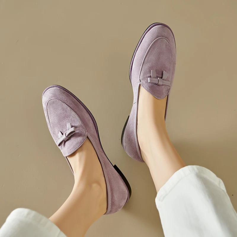 Soft Genuine Leather Round Toe Flats Basic Style Women Loafers Simple Flat Shoes Daily Mules Spring Autumn Women Bowtie Flats
