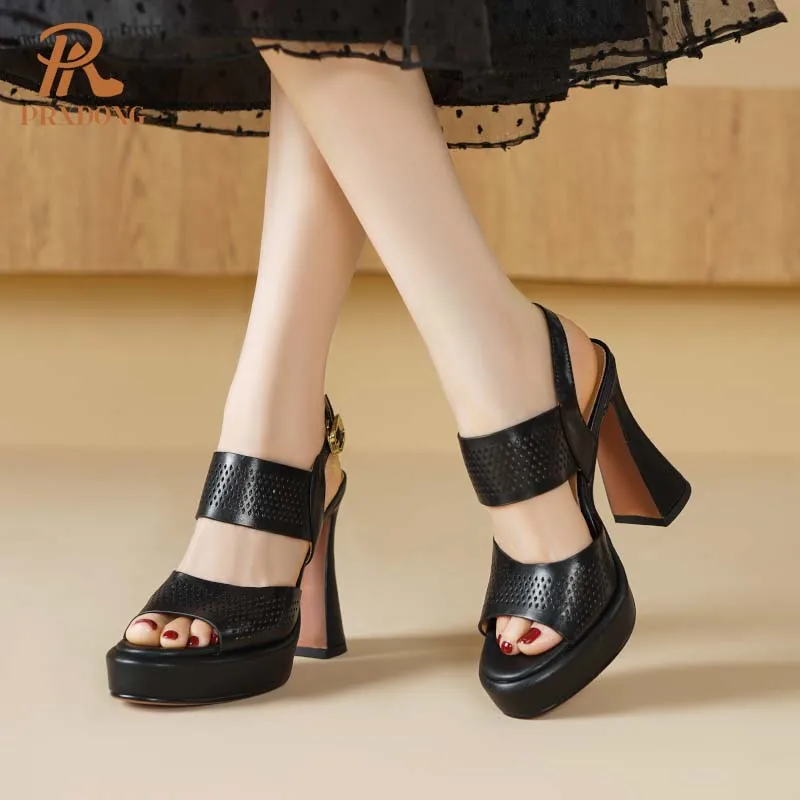PRXDONG New Classics Genuine Leather Summer Shoes Woman Sandals High Heels Platform Black Beige White Dress Party Lady Pumps 39