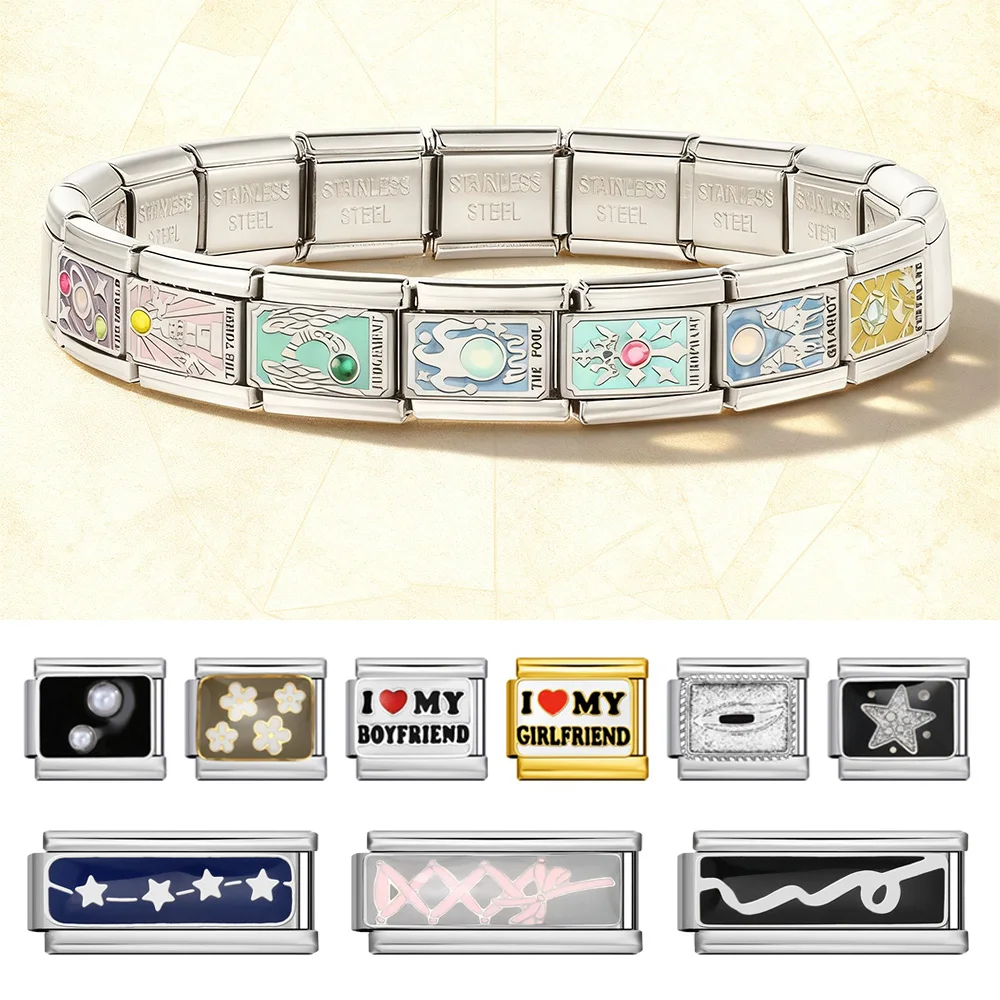 Y2K Colorful Tarot Card Star Polka Dot Ribbon Stainless Steel Italian Link Fit 9mm Bracelet Making DIY Charm Jewelry Wholesale