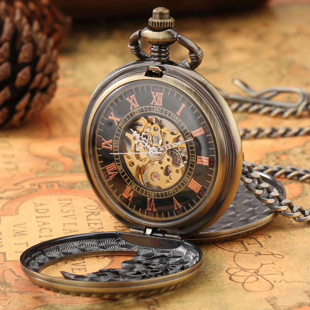 Vintage Luxury Phoenix Bronze Mechanical Hand Winding Pocket Watch with Double Covers Fob Chain Pendant Clock for Retro Gift