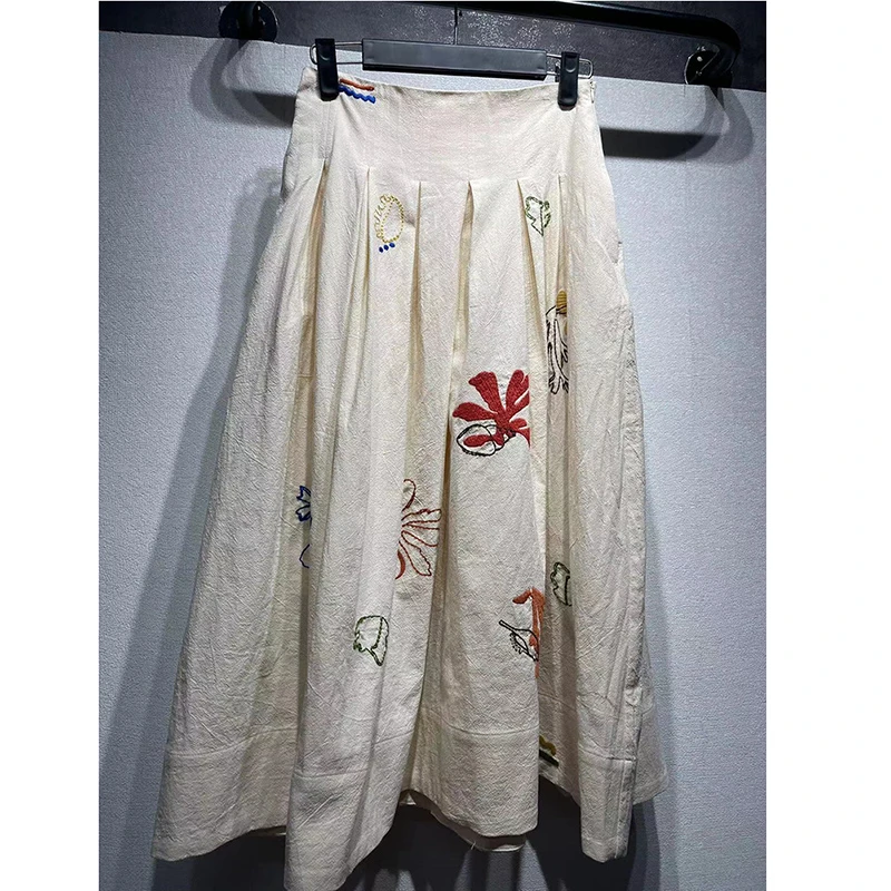 New Arrival Summer 2025 Women Loose Casual Cartoon Embroidery A-line Skirt Good Quality Cotton Mid-calf Vintage Skirts Y136