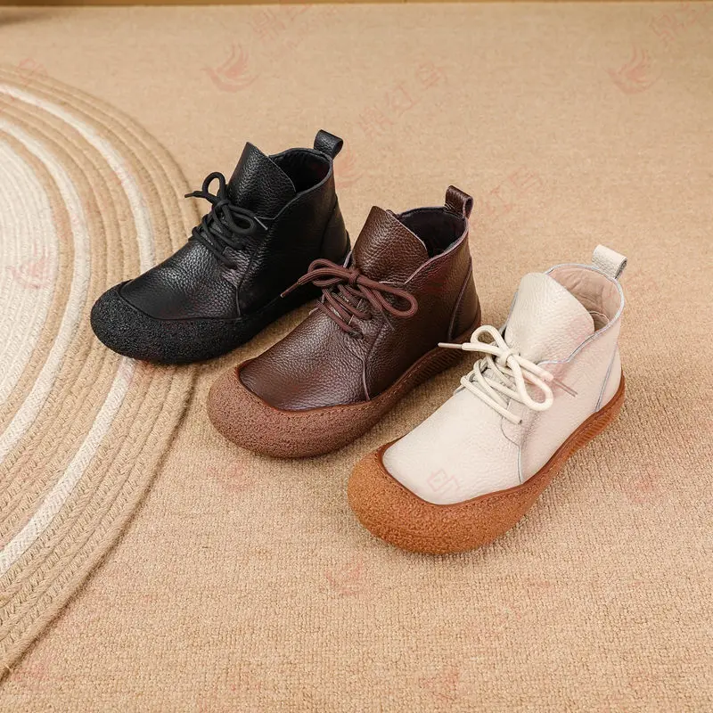New cow leather ankle boots women laced up waterproof shoes ladies wide fit short boot woman autumn oxfords shoes brown booties