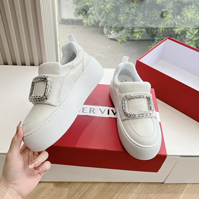 RV*2024 New Fashion Shiny Rectangular Buckle Stretch White Shoes White Casual Shoes Brand Women's Thick Bottom Shoes