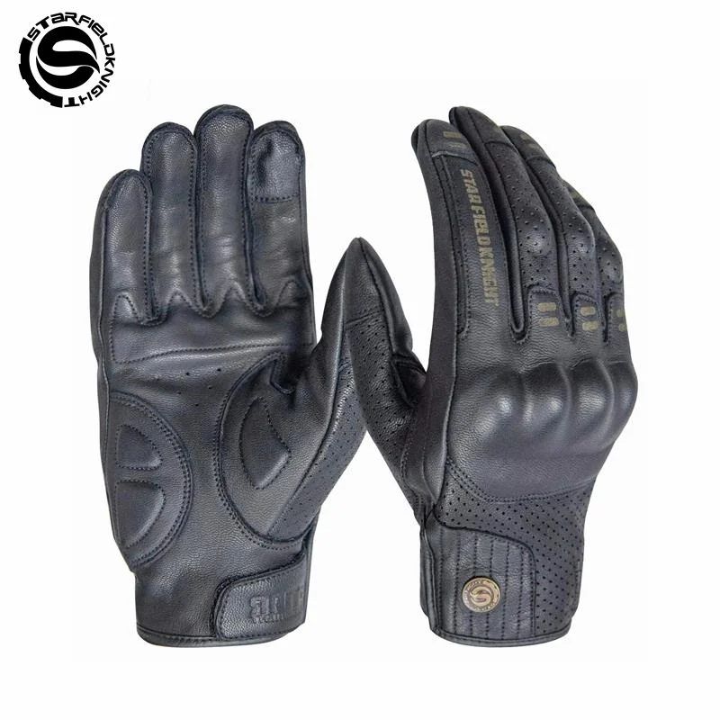 SFK Black Motorcycle Riding Gloves Summer Breathable Real Goat Leather Wear-resisting PVC Hard Shell Protection Touch Screen