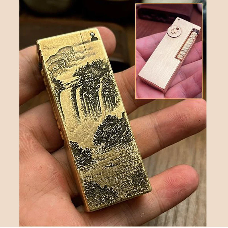 Trench Kerosine Lighter Full Brass Body Classic Retro Engraved Surface Side Wheel Ignition Slim & Sealed Smoking and Collecting