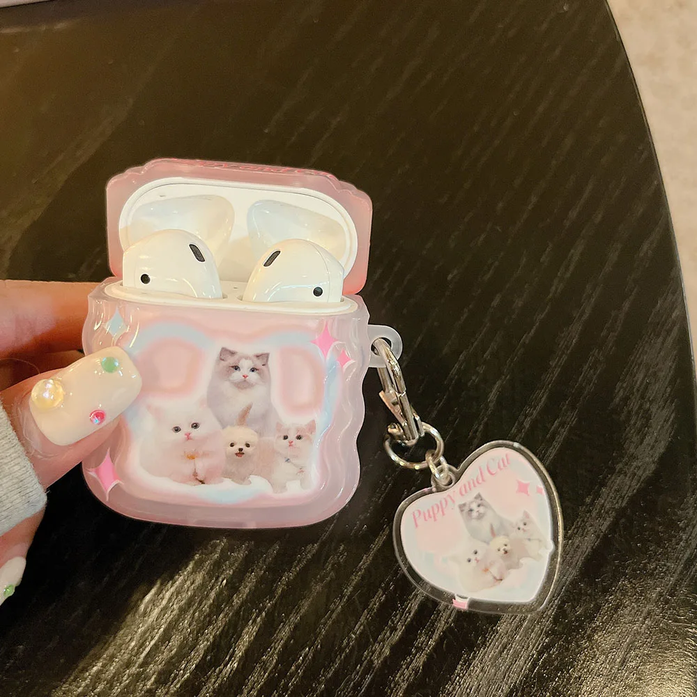 Чехол для наушников Airpods 1 2 Pro, корейский креативный милый розовый фон, котенок, щенок, волновая рамка, подвеска в форме сердца, чехол для Airpods 3