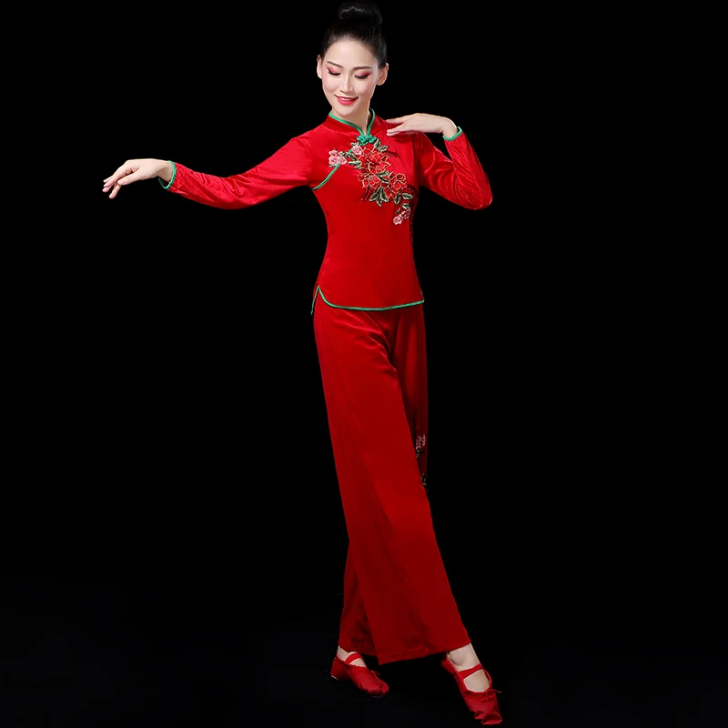 Adult women's Yangko costume Female costume Newgolden velvet Yangko dance costume Female autumn and winter long sleeve fan dance