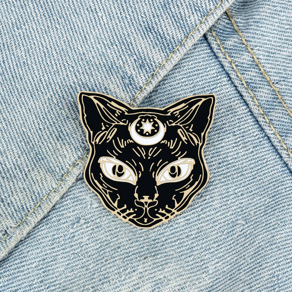 Punk Black Cat Head Enamel Pin Animal Wizard Magic Sun Moon Brooch Halloween Gothic Lapel Bag Badge Witch Jewelry for Party Gift