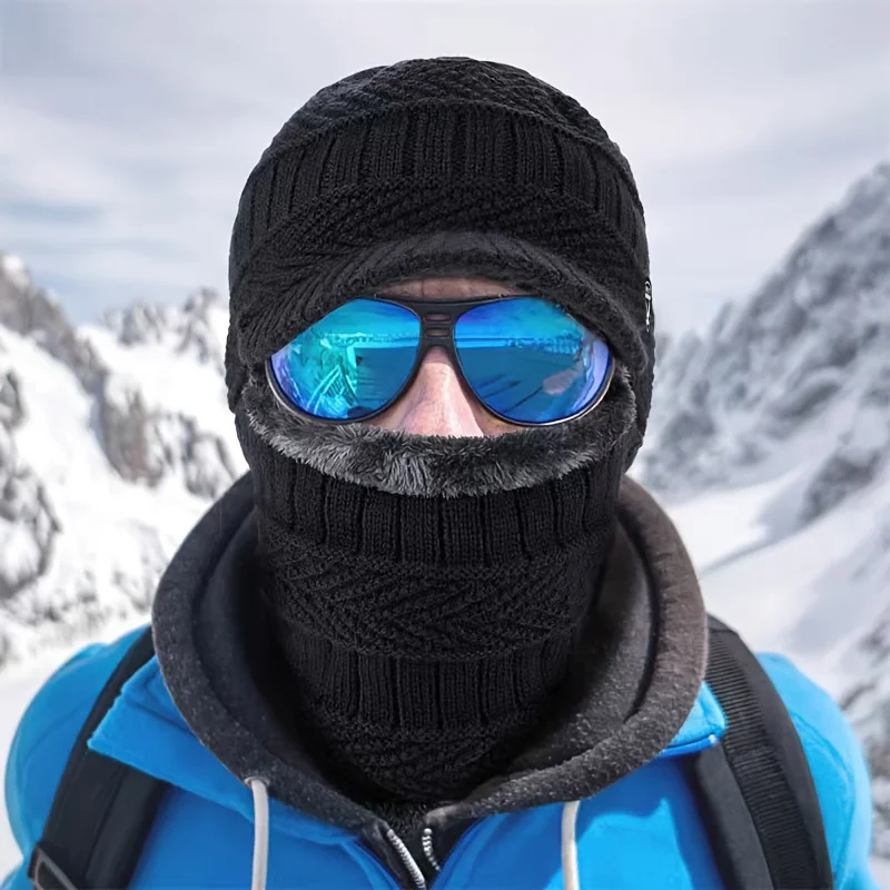 Thermo-Strick-Balaclava-Mütze mit Visierkrempe, Kunstfellfutter, winddichte Vollgesichtsmaske, Outdoor-Ski-Motorrad-Halswärmer-Mütze