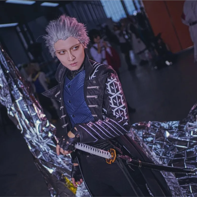 Hot Game DMC5 Cosplay Vergil Costume Nelo completo completo con stivali Halloween Carnival Men Suit Jacket Vest Custom Made