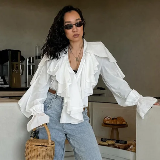 

Элегантная осенняя женская блузка с рюшами, белая женская рубашка из 100% хлопка с рюшами и расклешенными рукавами, темпераментная повседневная блузка для женщин