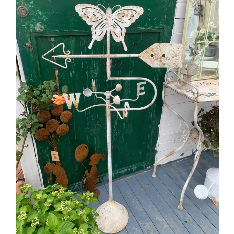 Garden Decoration Metal Floor Stand Vintage Rustic White Rotating Butterfly Weathervane