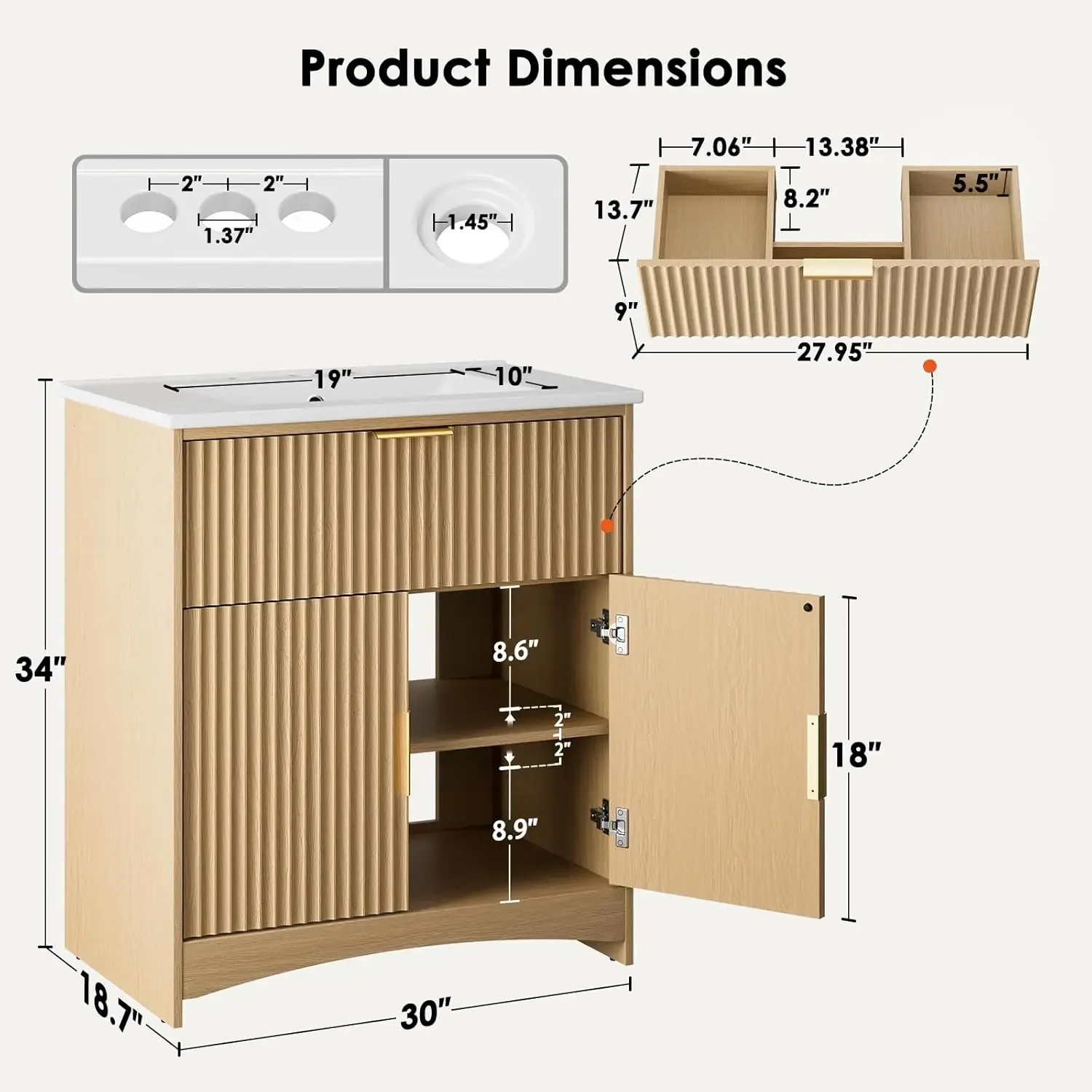 30'' Bathroom Vanity With Ceramic Sink, Modern Undermount Vanity Sink Cabinet With 2 Doors And 1 Drawer, Fluted Free Standing,