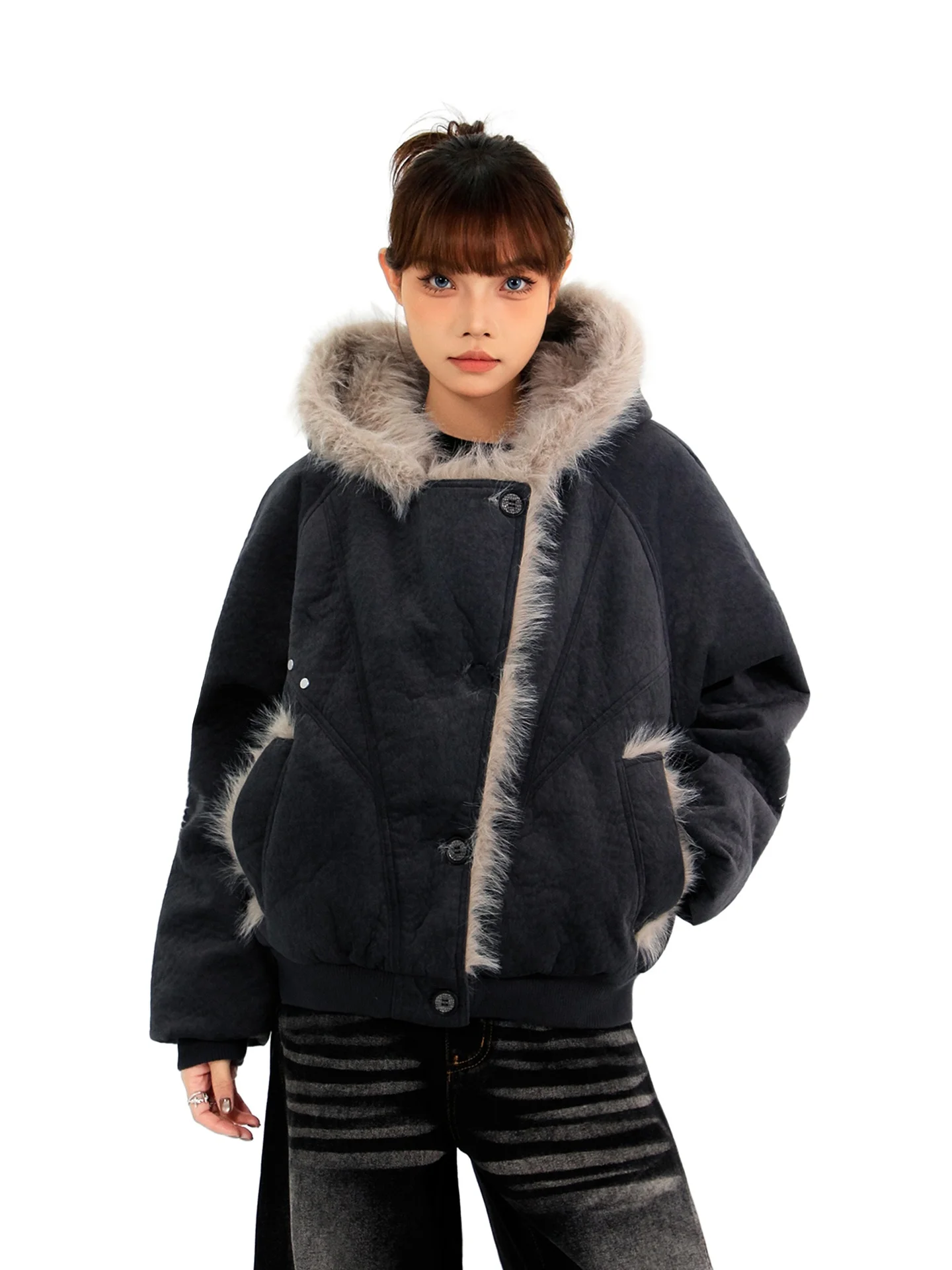 

Hygge Chen Thiened Cloud Velvet Rabbit Fur Jaet Men Women Winter Coat Street Sle Loose Fit Hooded ort Cotton Padded