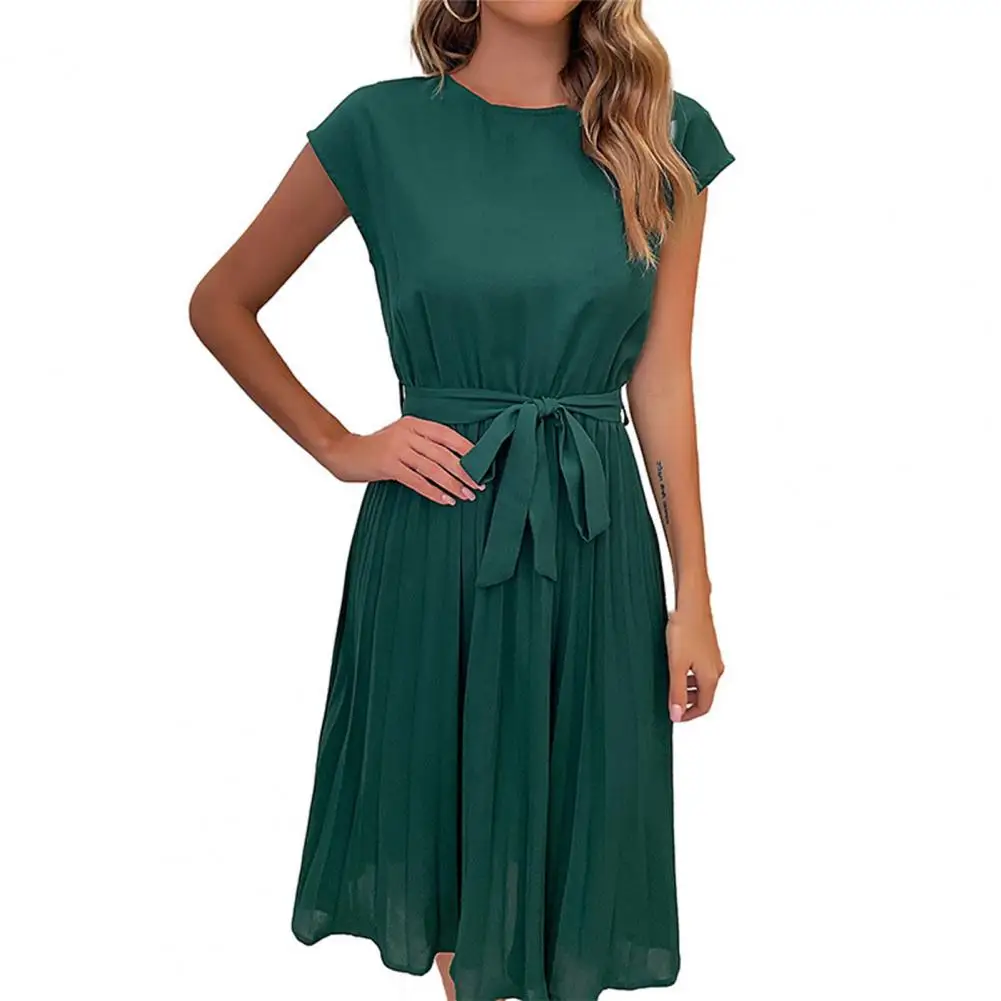 

Elegant Women Summer Casual Beach Sundress Short Sleeve Pleated Midi Dress Solid Color O Neck Tunic Dresses Fashion