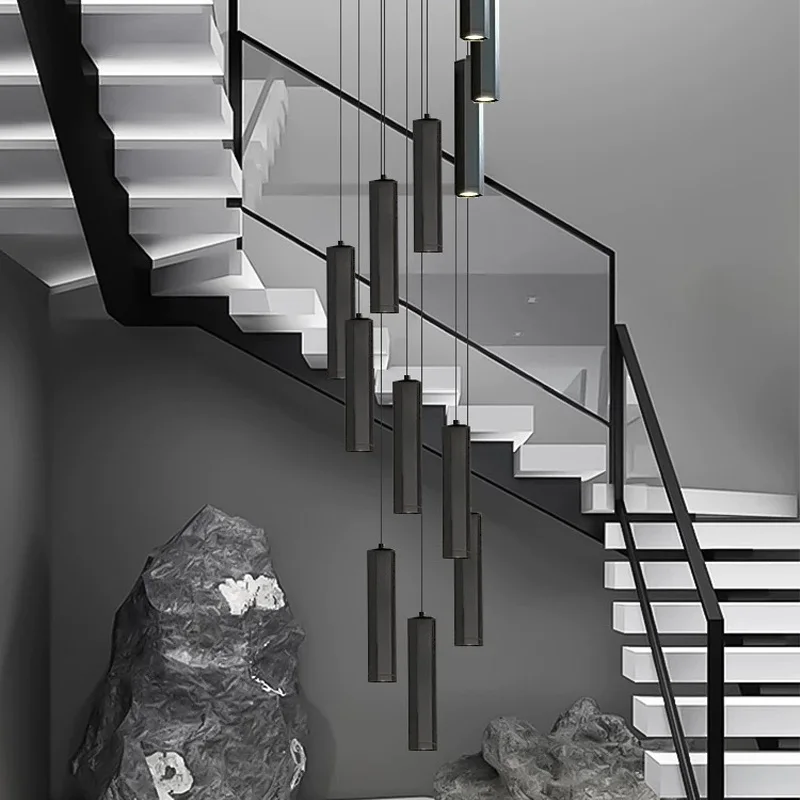 

Modern LED staircase lights, black gloss, suitable for villas, living room home decoration pendant lights, ceiling chandelier