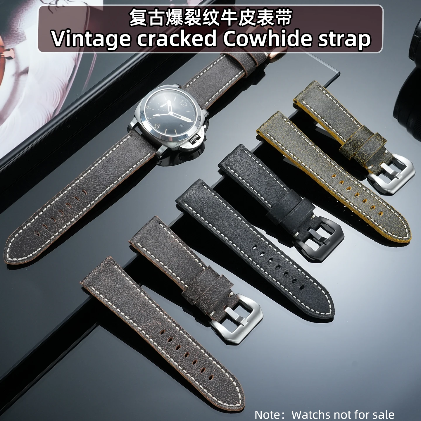 For Panerai PAM111 PAM441 Men for Diesel Fossil 24mm 26mm Vintage Cracked Genuine Leather Watch Strap Hand Stitched Wrist Band