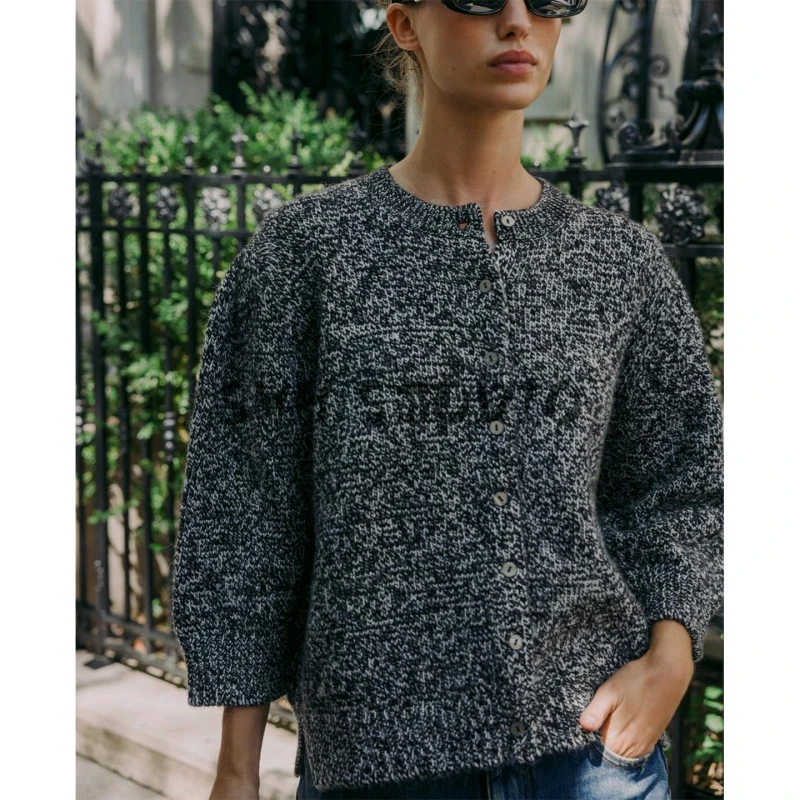 Kedatangan Baru Musim Gugur Mantel Rajut Wanita Model Bubble Panjang dengan Kerah Bulat Desain Belahan Samping untuk Kerja Bahan Serat Poliester Hangat...