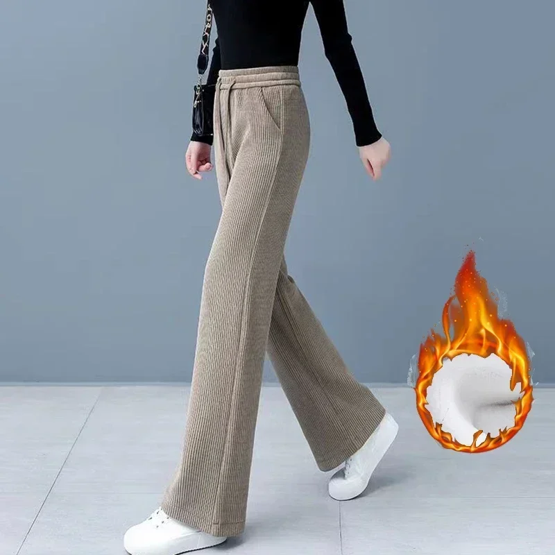 2024 Winter Women Casual Solid Slim Fit Mom Long Pants Lady Fashion Cotton Elastic Wide Leg Straight Leg Plush Thermal Trousers