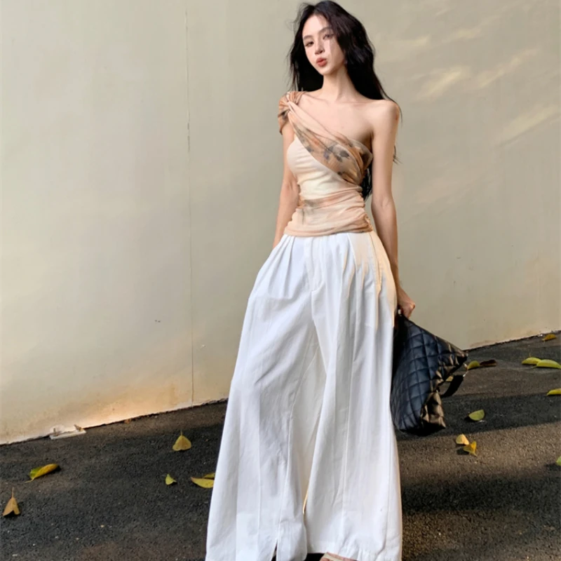 الصيف المطبوعة شبكة قمم للنساء عطلة الشاطئ مثير واحد الكتف بروتيل العصرية الجديدة الساخنة ضئيلة قصيرة حار فتاة تانك الأعلى #5