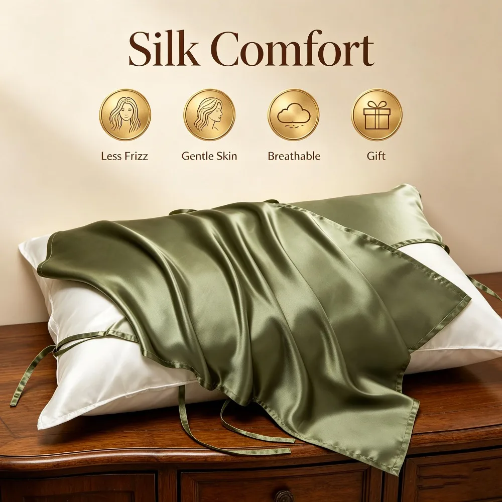 2 Pcs 40 Momme Mulberry Silk Pillow Towel Tie-On Design 100% Silk Pillow Cover Set for Hair Skin 50x75cm Breathable Comfortable