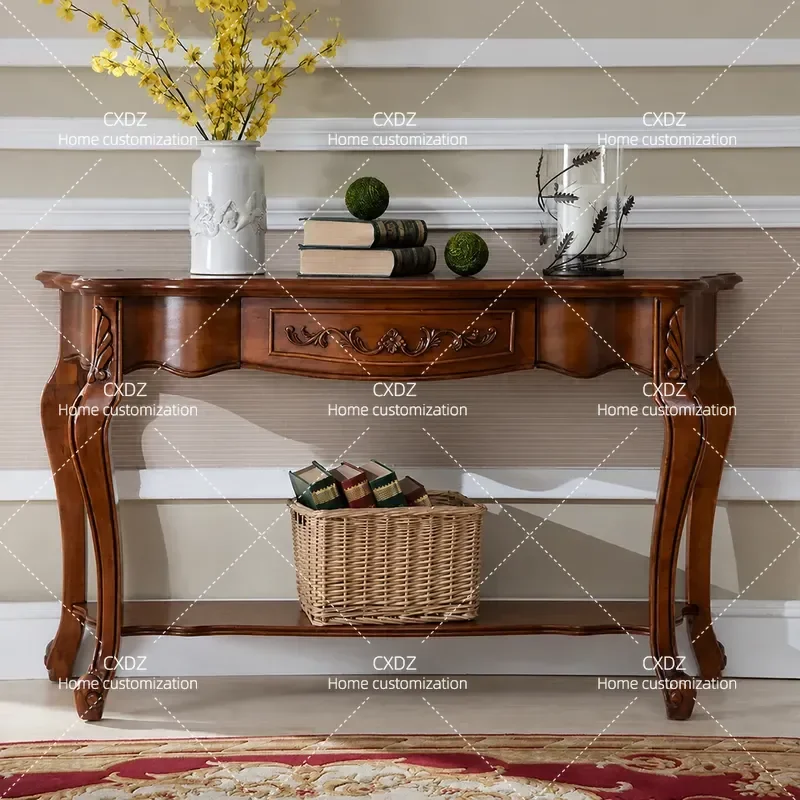 Solid Wood Porch Cabinet Entryway Foyer Retro Wall Console Table Decor with Semicircle Design European Style Sofa Backrest