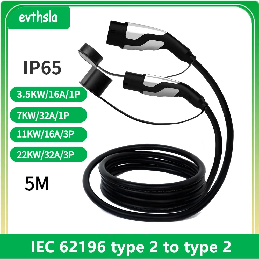 evthsla Type2 EV Charger Cable Female Car Side to Type2 Male Plug 16A 3.5KW 32A 7KW 1Phase 11KW 22KW 3 Phase for Electric Car