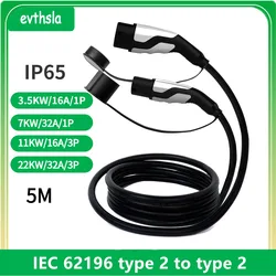 evthsla Type2 EV Charger Cable Female Car Side to Type2 Male Plug 16A 3.5KW 32A 7KW 1Phase 11KW 22KW 3 Phase for Electric Car