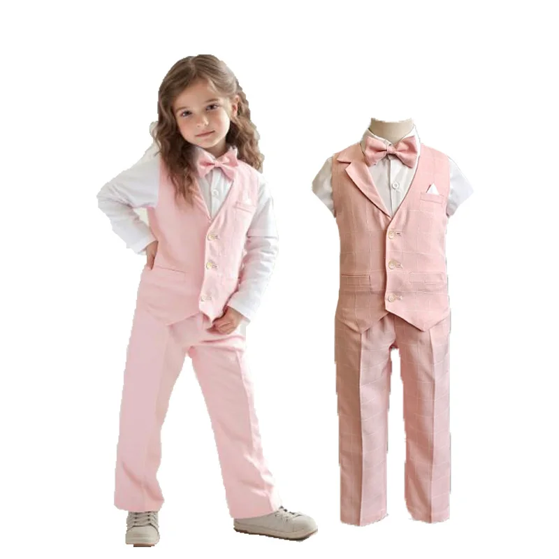 Kids Pink Vest Shirt Pants Bowtie Wedding Dress Girls Formal Birthday Photograph Suit Teenager Suit Boys Graduation Costume